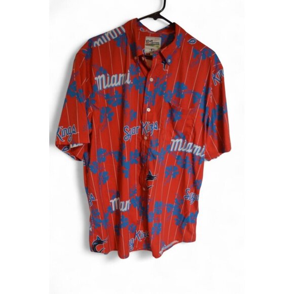 Miami Marlins Sugar Kings Button Up Shirt Large Red Blue Floral MLB Reyn Spooner - Picture 1 of 2